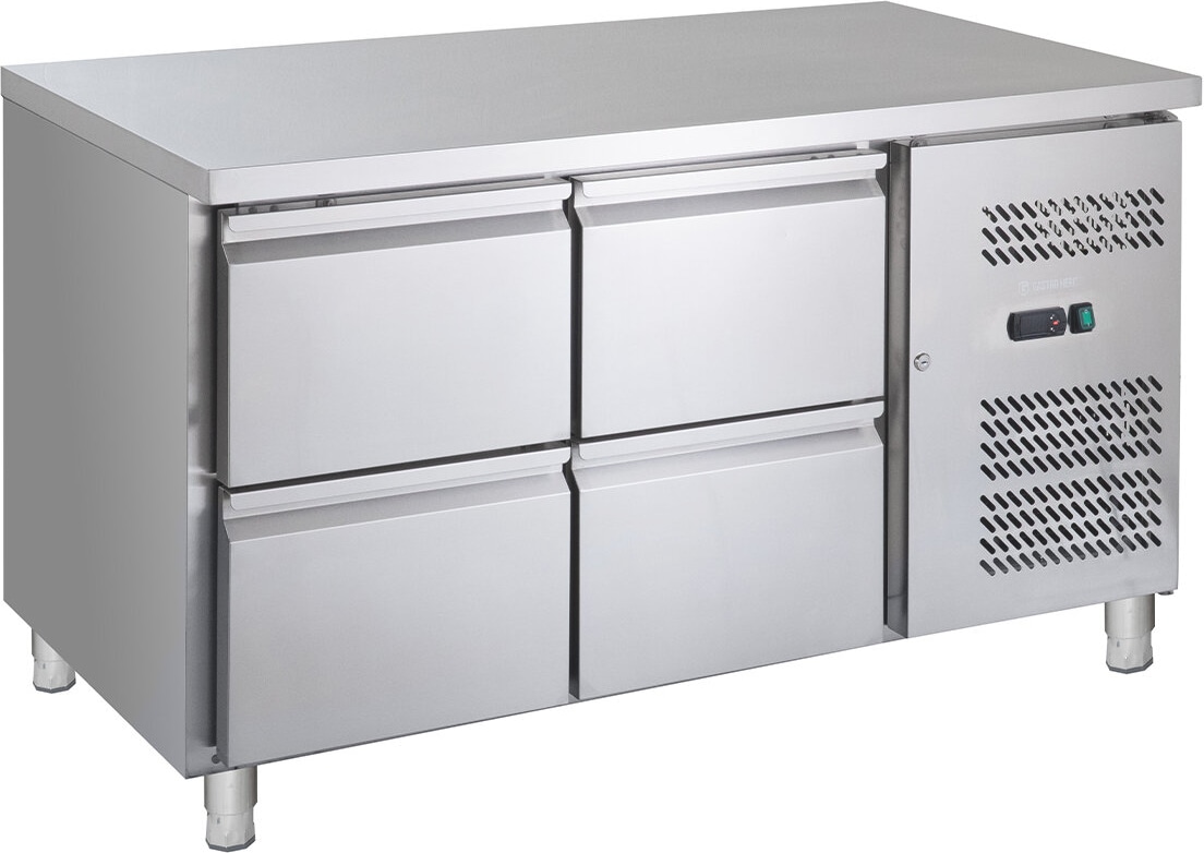 GastroHero Kühltisch Edelstahl GN 1/1 mit 4 Schubladen Profi Gastronomie Umluftkühlung -2 °C bis +8 °C 230 V LED-Thermostat 1350x700x850 mm