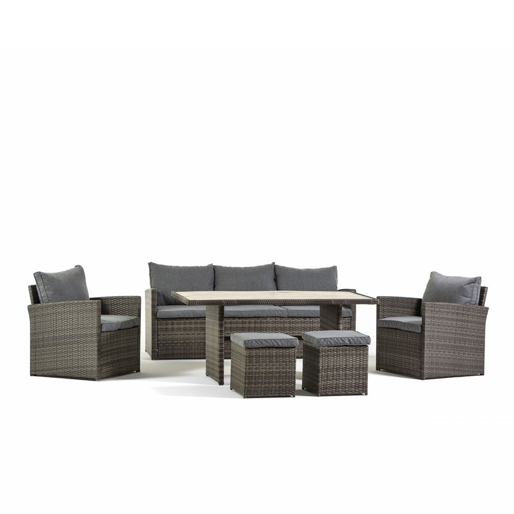 Set salón de jardín 6 plazas con sofá, 2 sillones, 2 pufs y mesa en polywood efecto madera, elegante y resistente - CATANIA