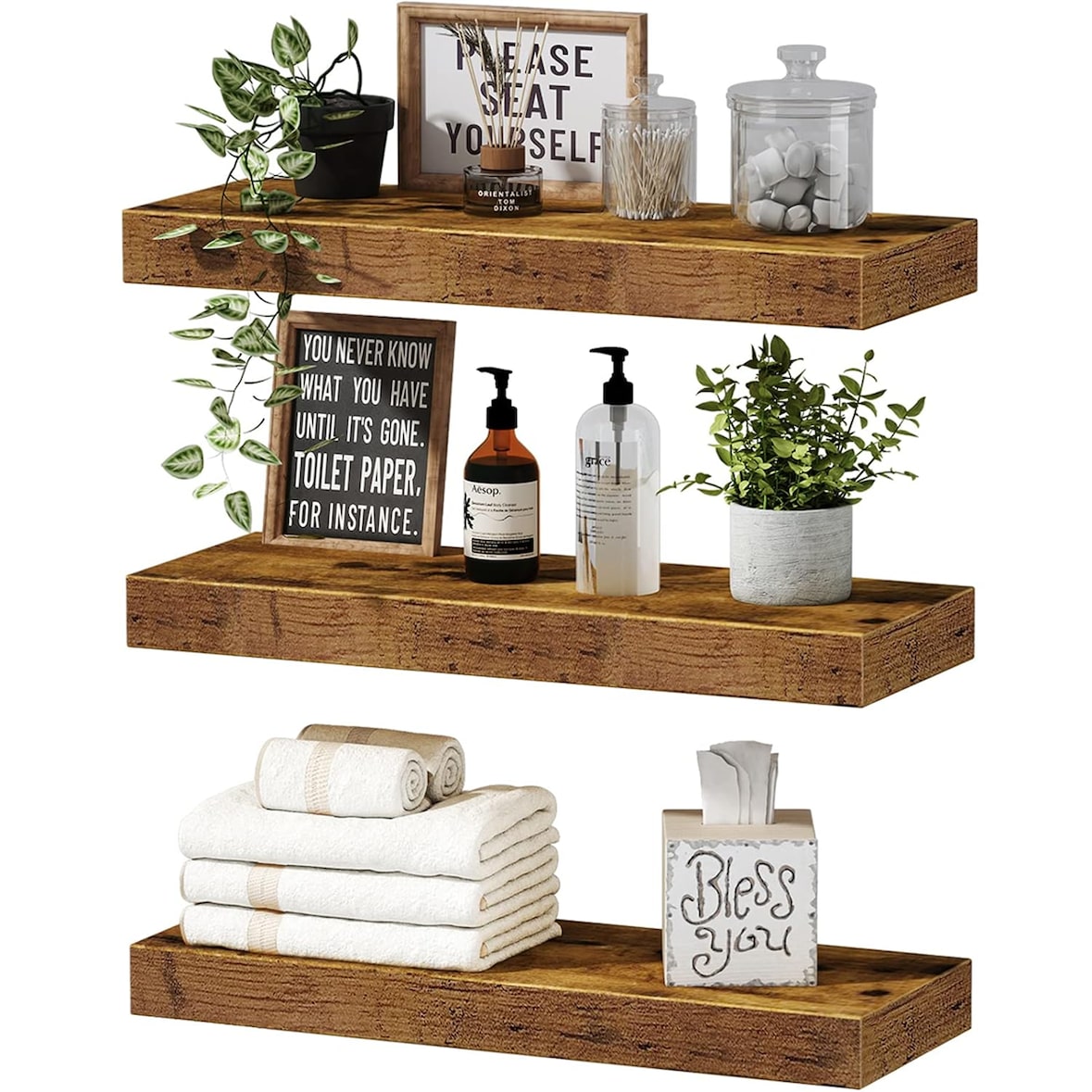 IvoQ Étagères Murales Flottantes Lot de 3 - 40x17 cm - Bois - Rustique & Industriel - Étagère Murale Marron