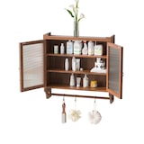 thumbnail of Hängeschrank mit Glastüren 63x60x18  Braun mit Fluted Glas und Handtuchhalter, 3 Ebenen, Vintage Design, Massivholz+MDF