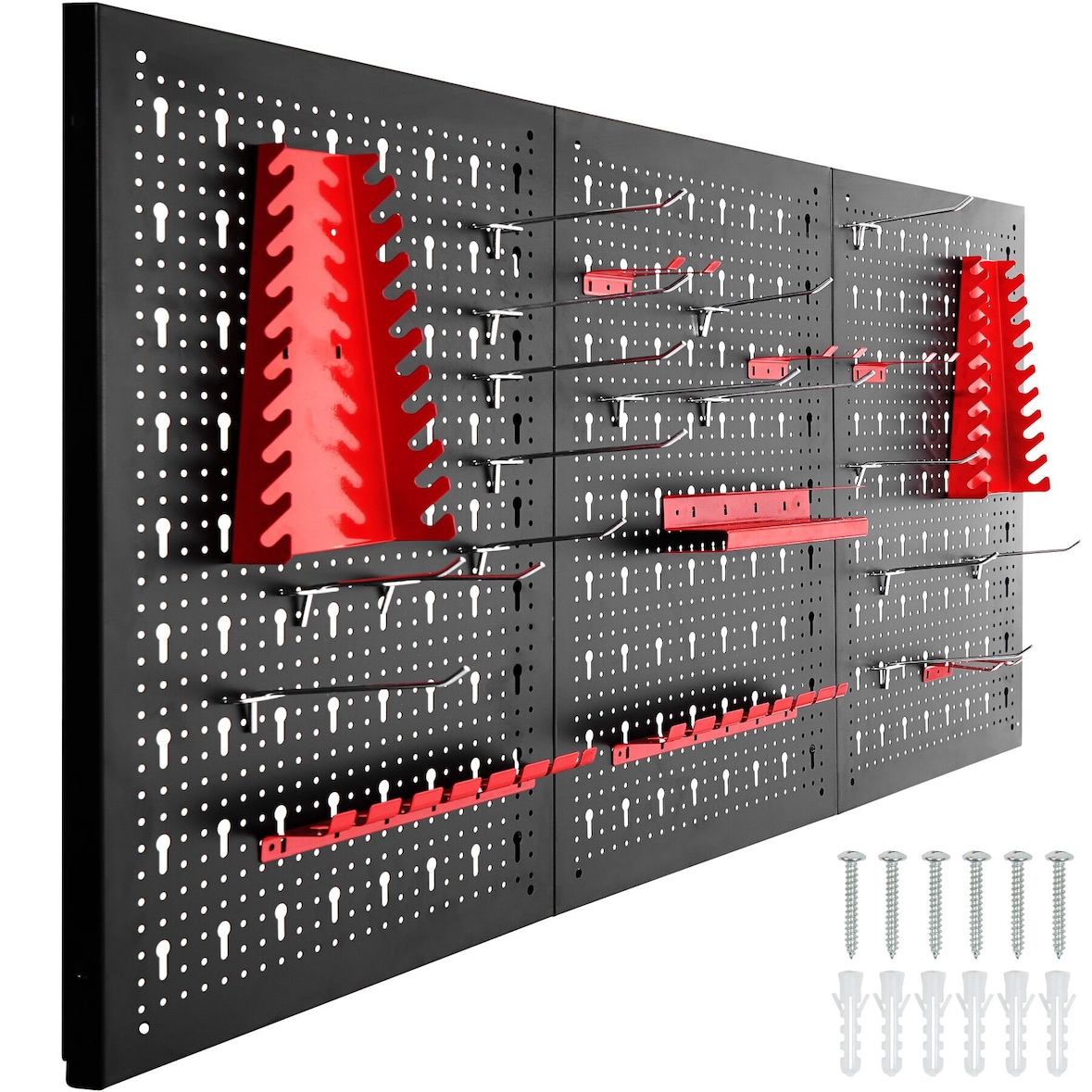 tectake panneau perforé jonah, crochets supports, acier solide, 120x2x60 cm, noir rouge, rangement atelier