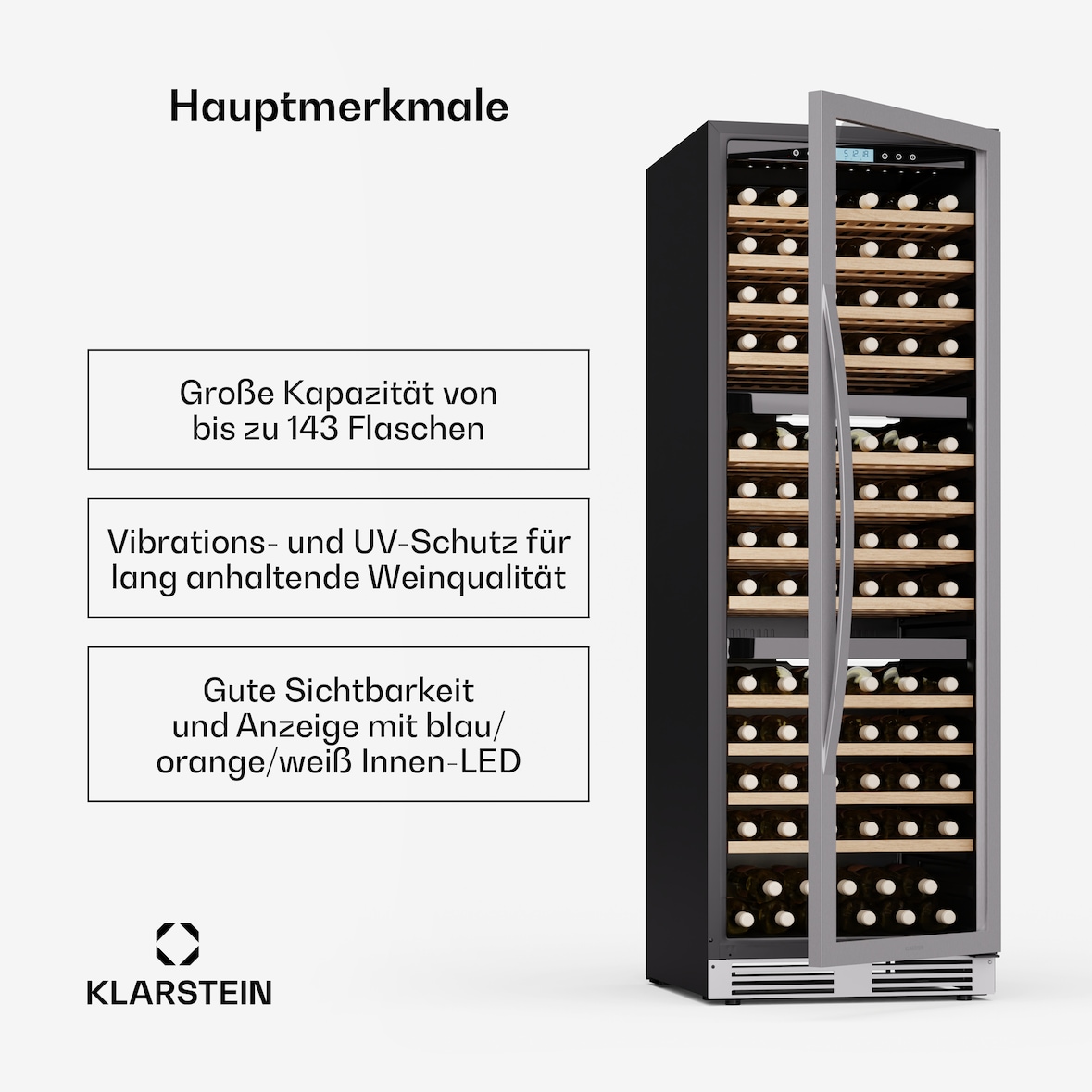 Klarstein Vinovilla Trio Weinkühlschrank | 144 Flaschen | 3 Zonen | 38 dB | 12 Regale | Kompressor | 413 Liter Edelstahl