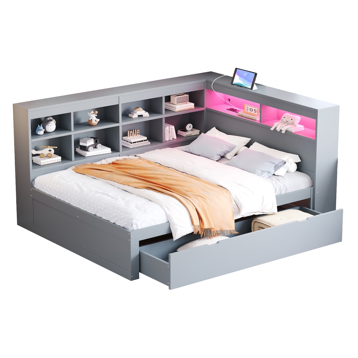 Massivholzsofa 140x200 cm mit Stauraum, USB-Anschluss, LED-Beleuchtung, Schubladen, Regale – modernes Schlafsofa Möbel Grau für Schlafzimmer