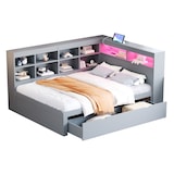 thumbnail of Massivholzsofa 140x200 cm mit Stauraum, USB-Anschluss, LED-Beleuchtung, Schubladen, Regale – modernes Schlafsofa Möbel Grau für Schlafzimmer