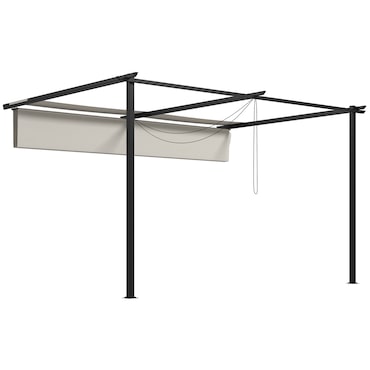 Outsunny Pérgola de Parede de Jardim com Teto Retrátil Tecido de Poliéster e Estrutura de Aço 3,9x2,9 m Creme