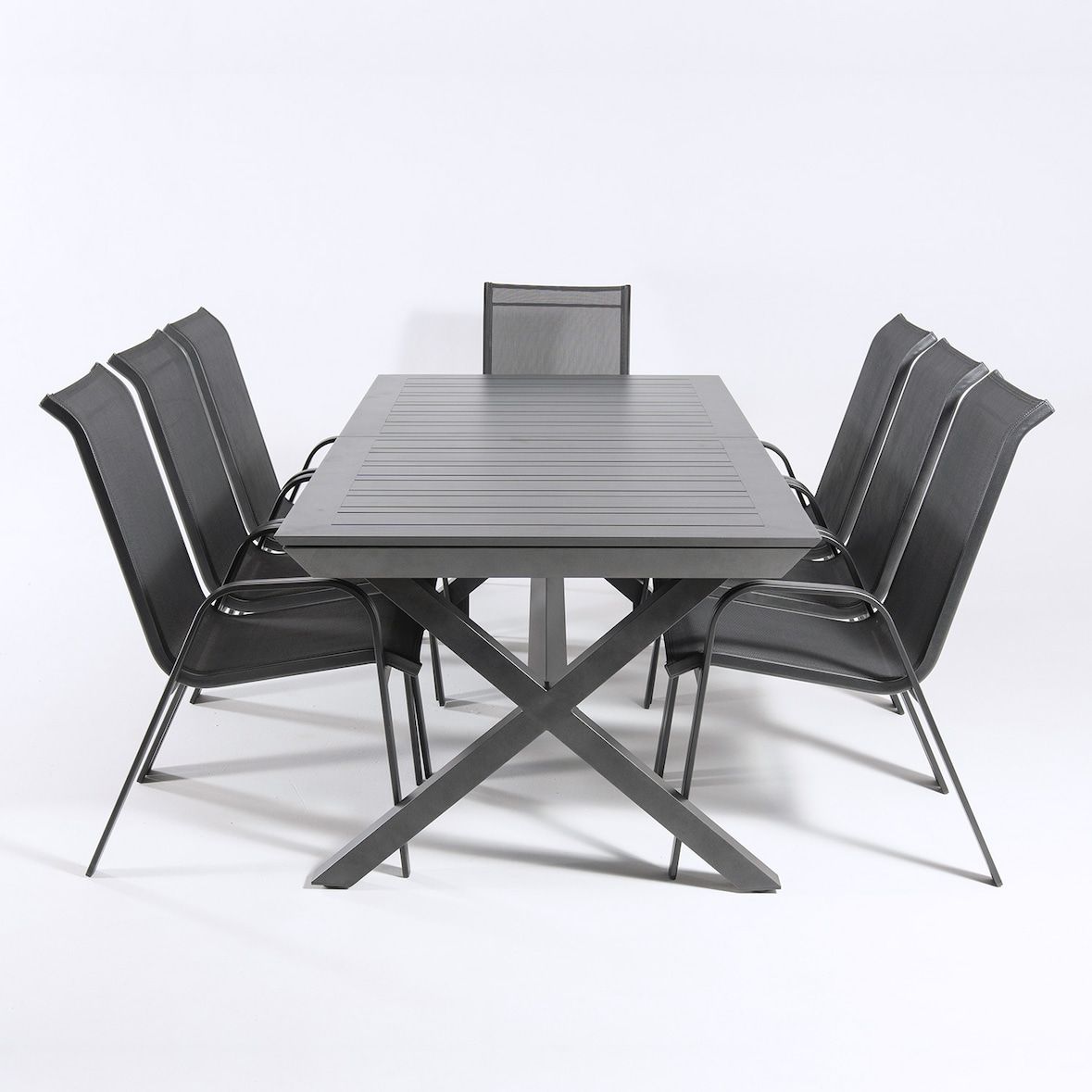 Conjunto de exterior, Mesa jardín extensible 215/295 cm y 8 sillones apilables con respaldo de 98 cm, Aluminio color antracita, 8 plazas