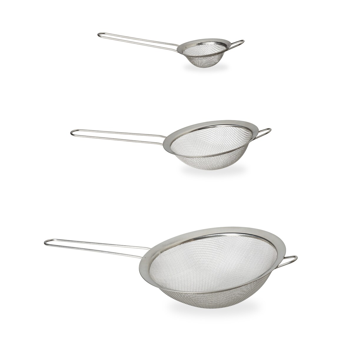 Relaxdays Küchensieb 3er Set, ∅ 7, 12 & 18 cm, mit Griff, Mehl, Puderzucker, Früchte, Haushaltssieb, Edelstahl, silber