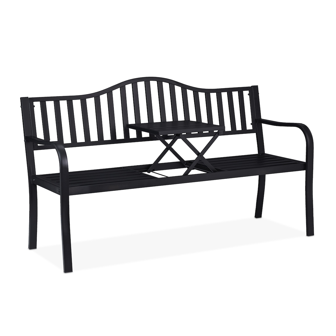 Relaxdays Gartenbank mit klappbarem Tisch, 3-Sitzer, stabil, Garten, Metall Balkonbank, HBT 89 x 150 x 58,5 cm, schwarz