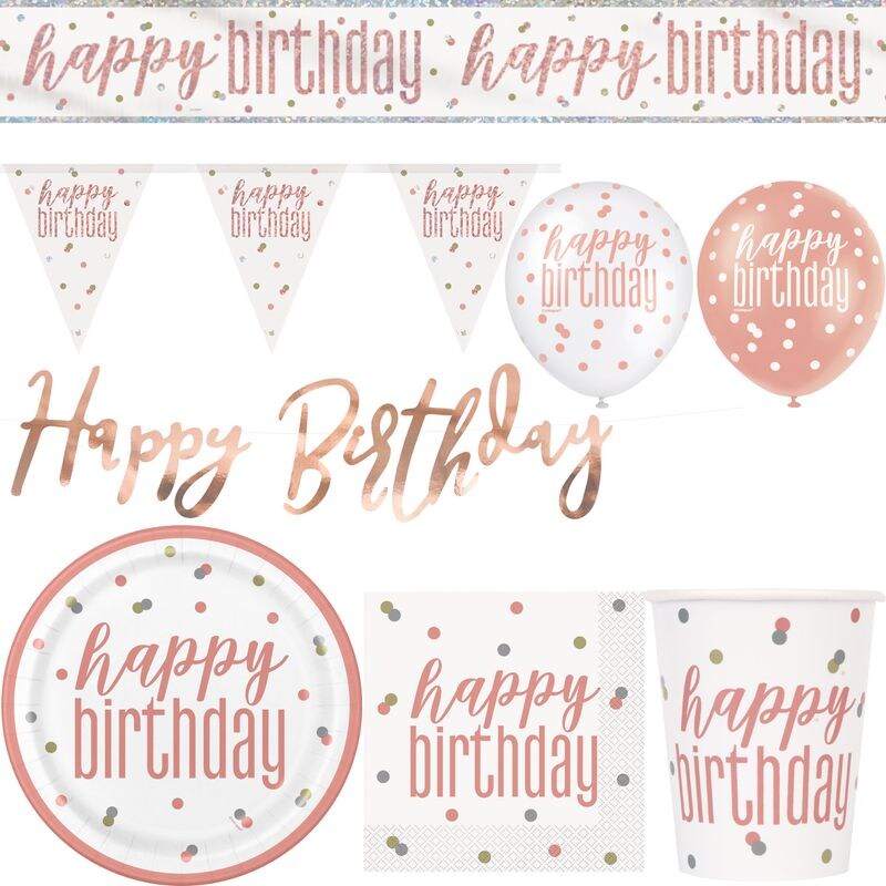 Geburtstag Partyset roségold 33 tlg. Partygeschirr Teller Becher Servietten Partydeko