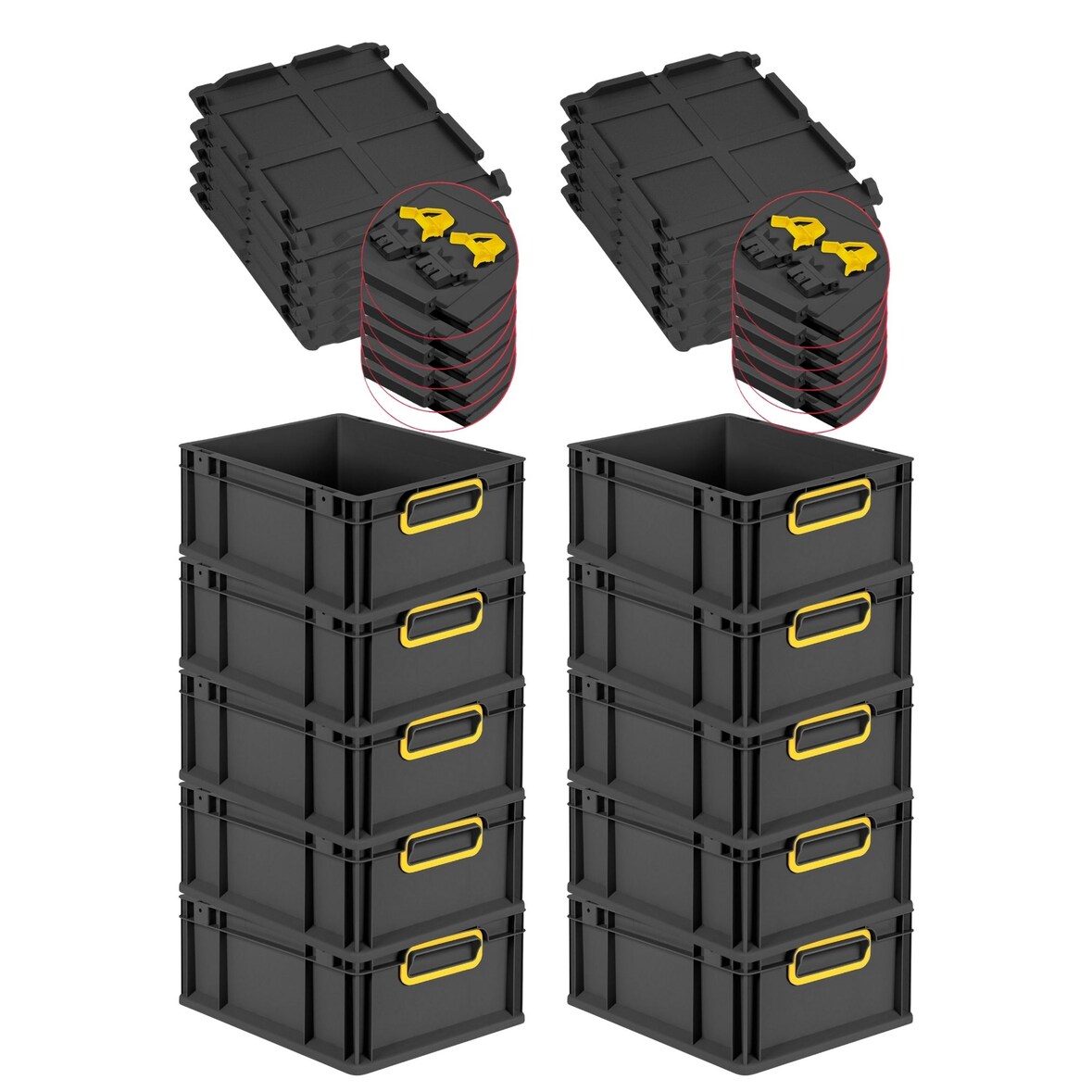 PROREGAL SuperSparSet 10x Eurobox NextGen Color mit Scharnierdeckel & Verschlüssen, HxBxT 17x30x40cm, 16L, Schwarz, Griffe gelb zu, Eurobehälter