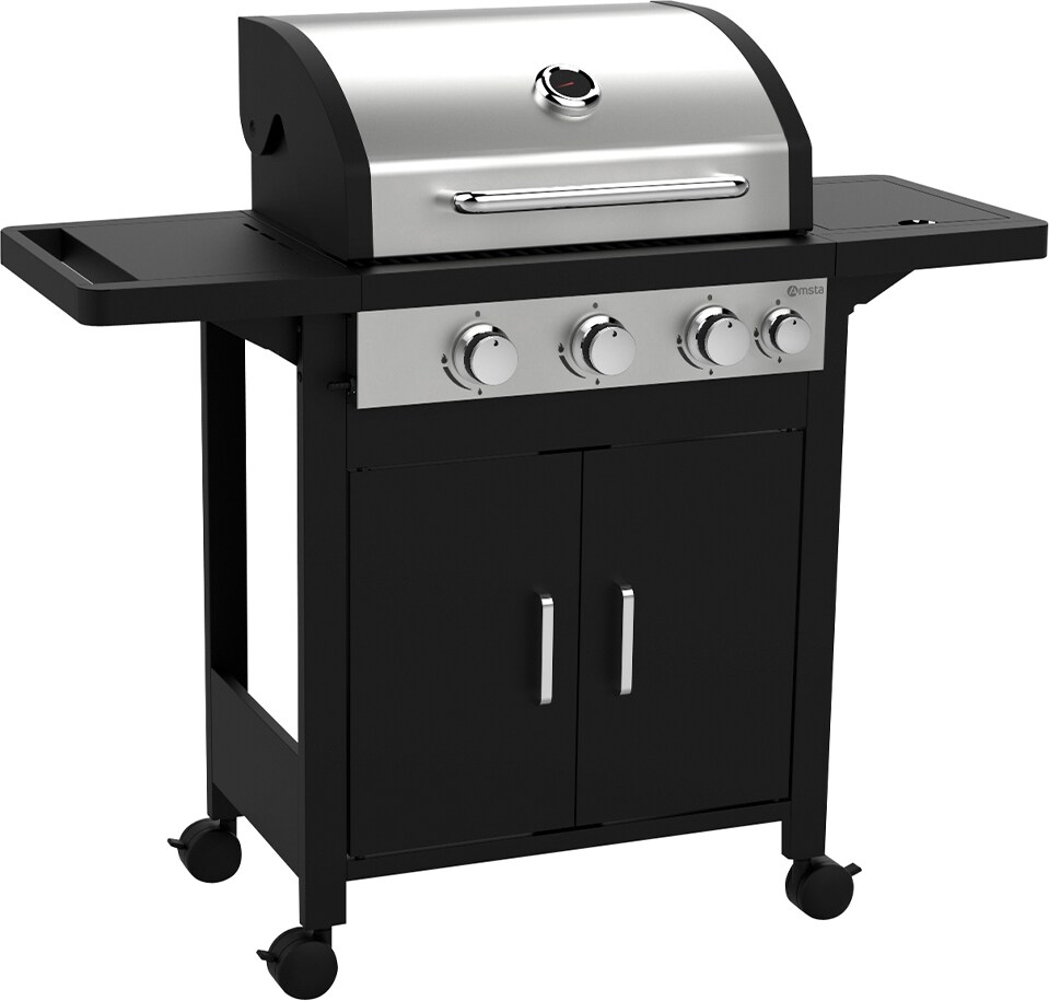 Barbacoa de gas 3 Quemadores + 1 Lateral Carro de almacenamiento Termómetro integrado 12800W Negro/Inox Amsta AMBB77791