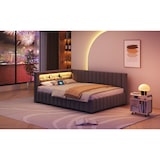 thumbnail of Polsterbett 140x200 mit LED-Beleuchtung, USB-Anschluss und Samtbezug – L-förmiges Design, stabiler Lattenrost, verstellbares Kopfteil, Grau
