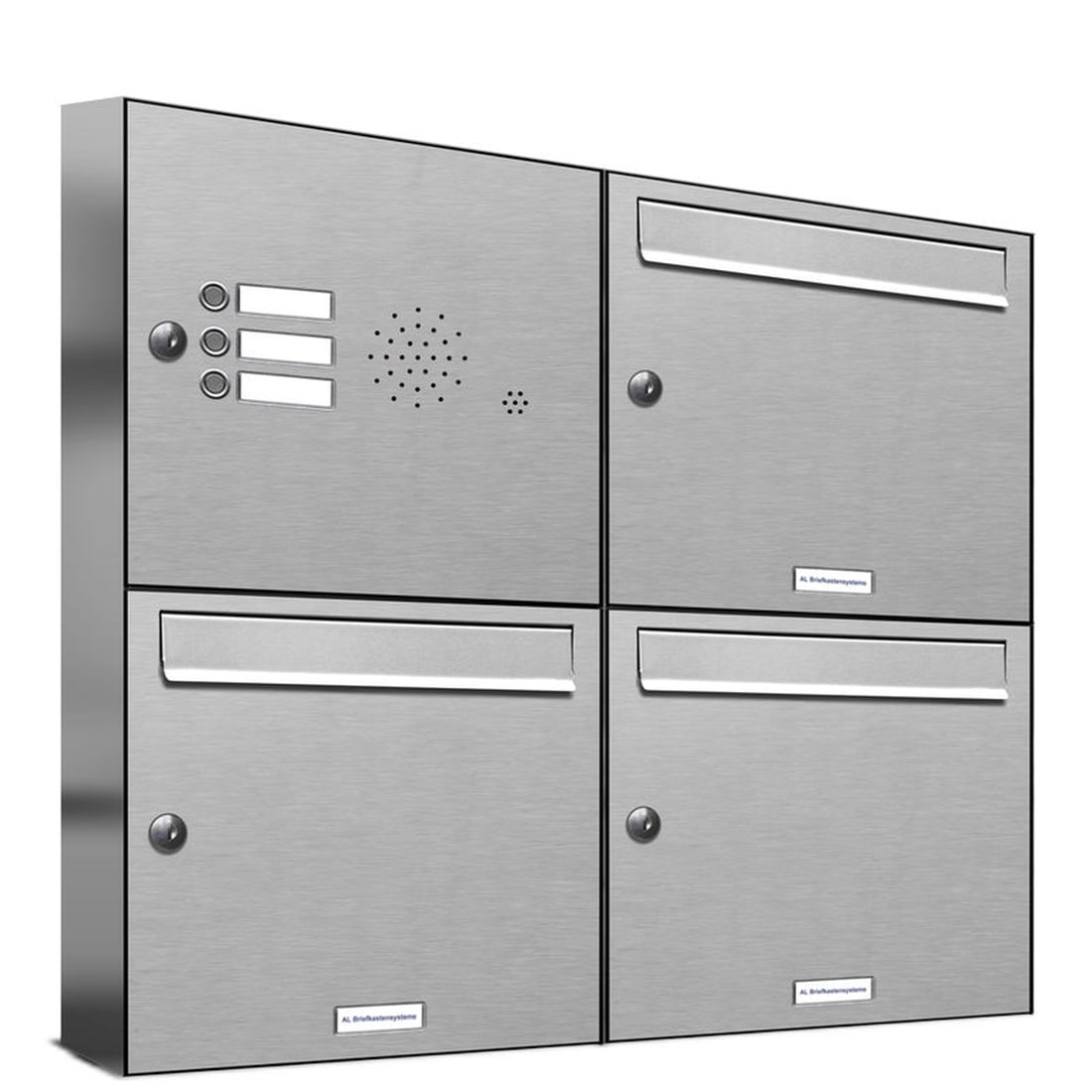 AL Briefkastensysteme 3 Fächer Premium Edelstahl Wand Briefkasten Anlage mit Klingeln, Post A4, modern, robust, wetterfest, Artikelnummer: 331T3EA2KS