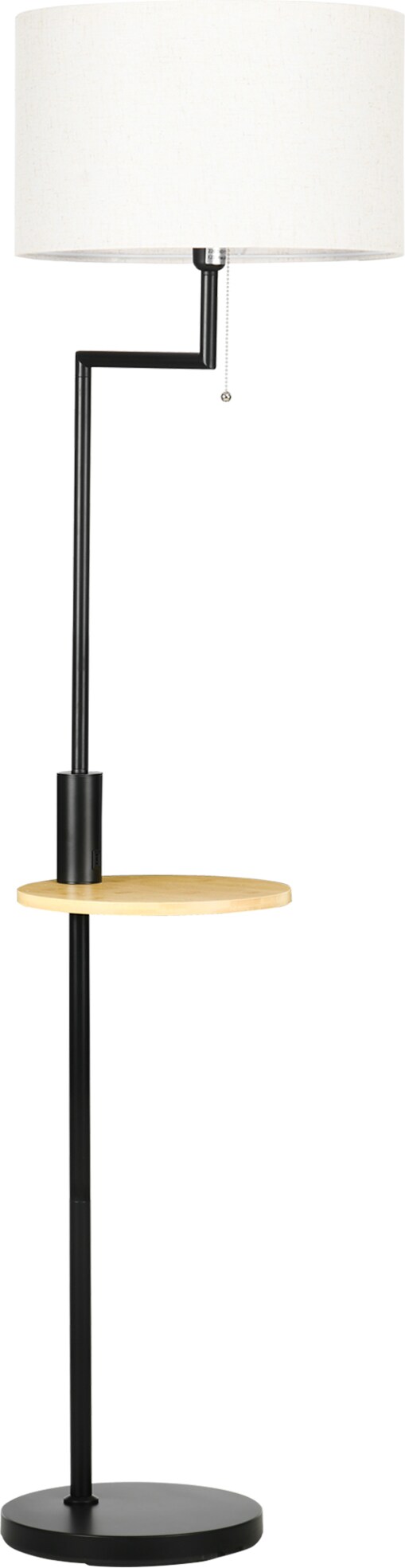 Ein schwarzer Stehlampe mit einem Beistelltisch.
