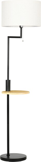 Ein schwarzer Stehlampe mit einem Beistelltisch.