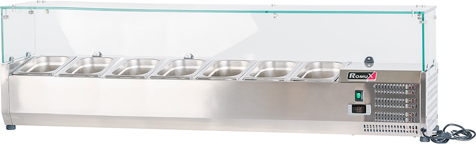 Romux® Kühlvitrinen für Tapas 150x33x44 cm aus Edelstahl und Glashaube mit 7 Becken GN 1/4 | Gekühlte Vitrine mit digitalem Dixell-Thermostat