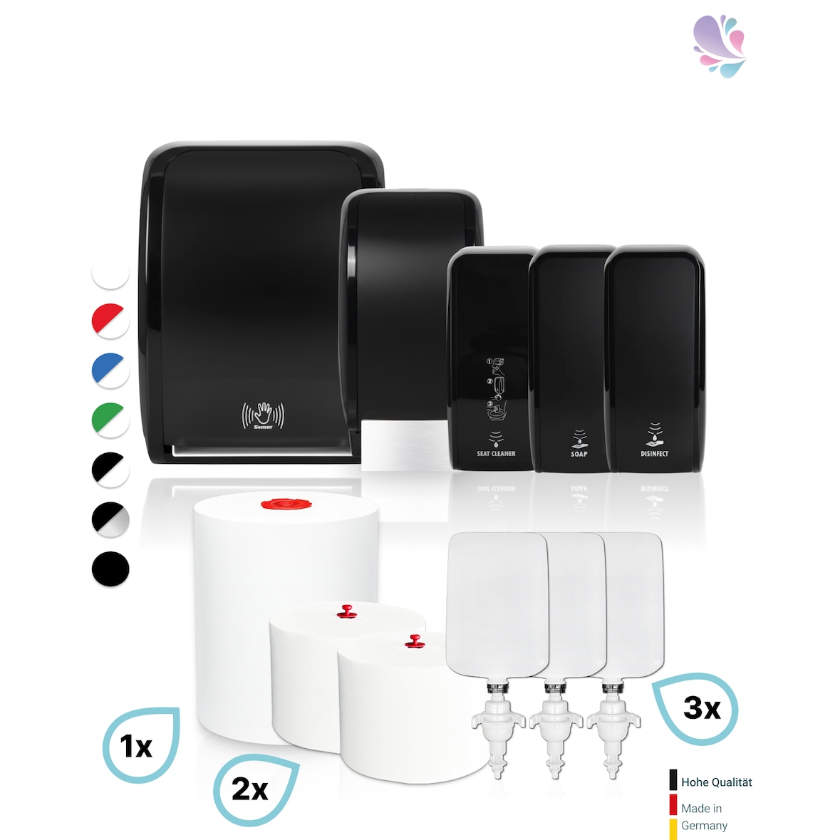 HYGIENE-KOMPLETT-Set SENSOR: Handtuch-, Schaumseifen-, Desinfektions-, Toilettenpapierspender & Sitzreiniger inkl. Füllmittel