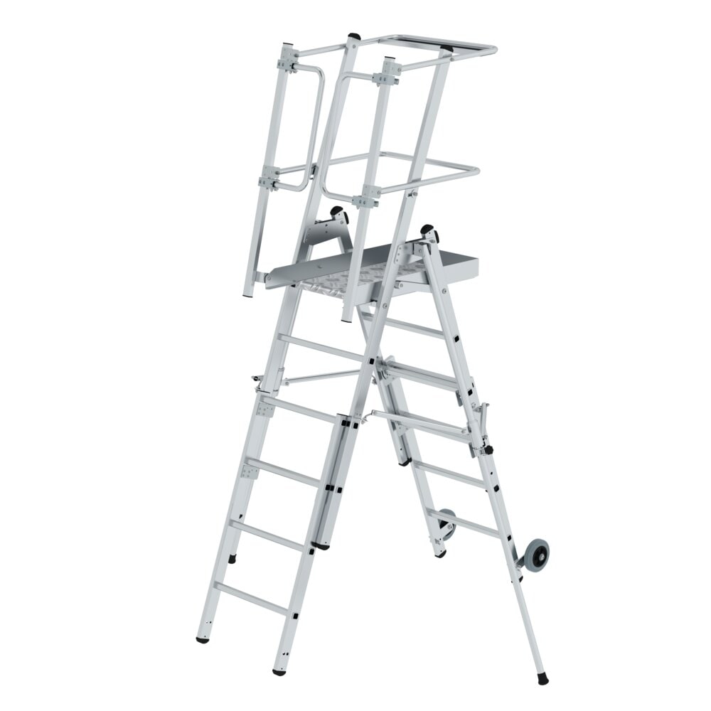 PROREGAL Plattformleiter FlexxStep | 4 Sprossen | mit Teleskopaufsatz plus 2 Sprossen & beidseitigem Handlauf | Aluminium | Rutschsichere Leiterschuhe
