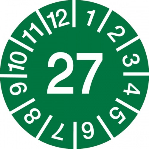 Jahresprüfplaketten ab 27, Jahresfarben, Folie, Ø 10 - 30 mm - Bogen = 10 Plaketten - 10 mm Folie selbstklebend