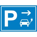 thumbnail of E-Auto Elektrofahrzeug Parkplatz Schild mit Richtungspfeil rechts waagerecht A3 Rückseite selbstklebend
