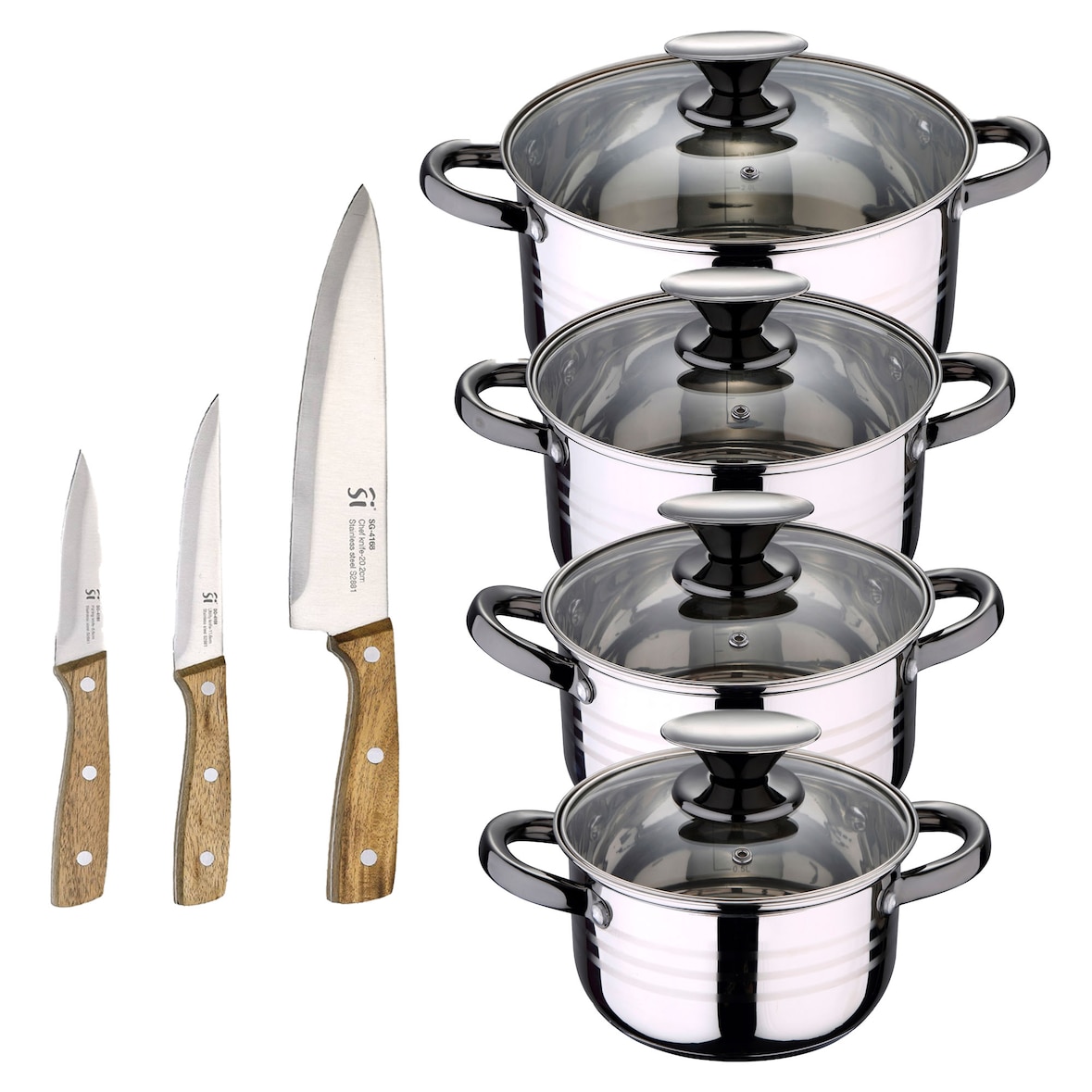BERGNER - Batería de cocina DINA 8 pcs 16/18/20/24cm en acero inoxidable apta para inducción con Set de 3 Cuchillos de Acero Inoxidable