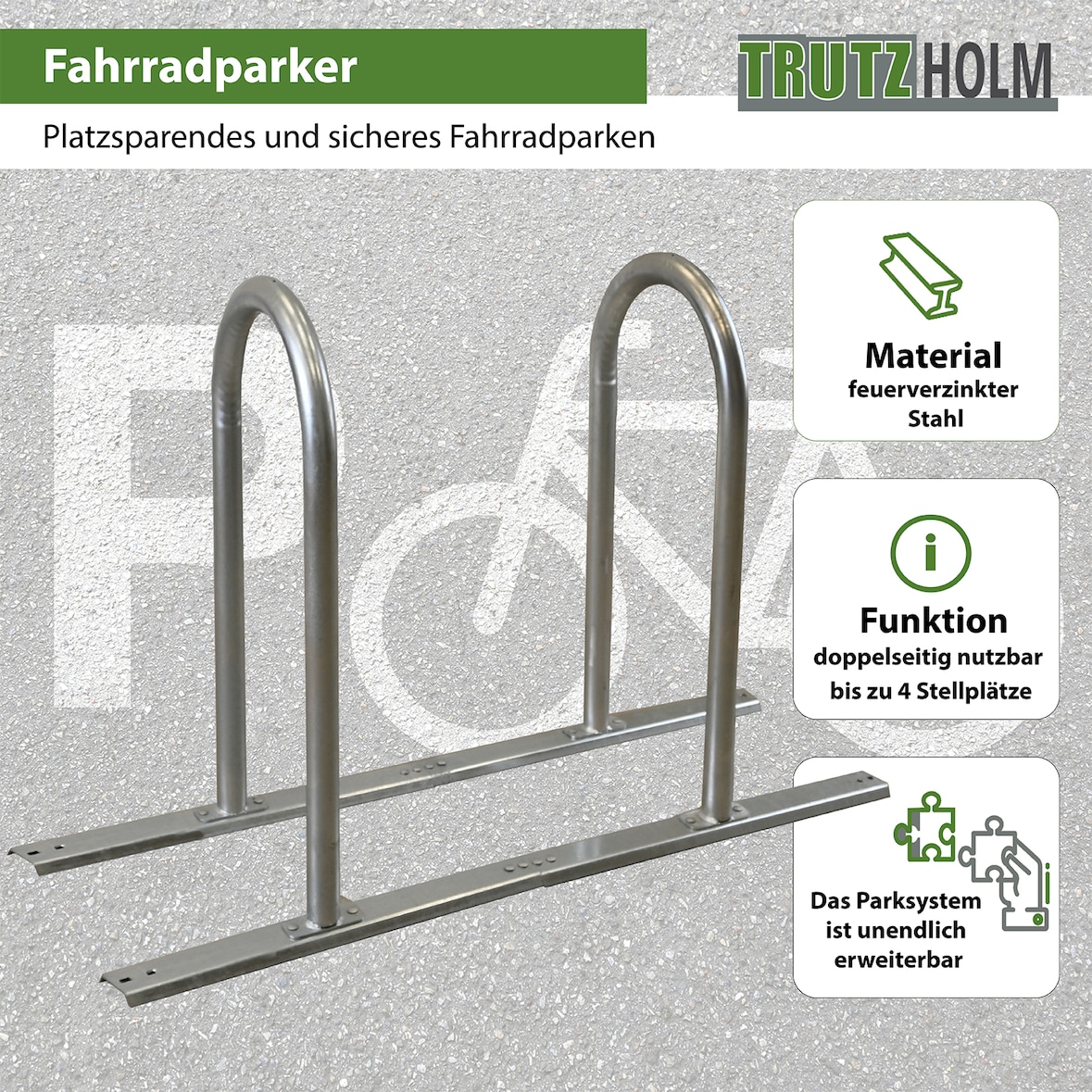 Fahrradanlehnbügel 140 x 88 cm Stahl feuerverzinkt Ø 50 mm grau freistehend Fahrradständer Parker                        Typ U