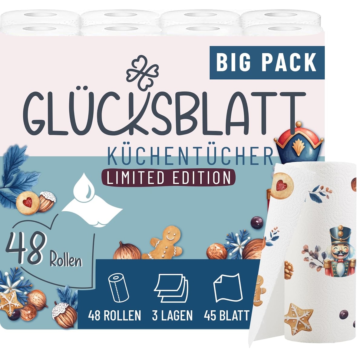 Küchentücher mit bedruckten Motiven, 48 Rollen á 45 Blatt, 3-lagige Küchenrollen, 100% Zellstoff