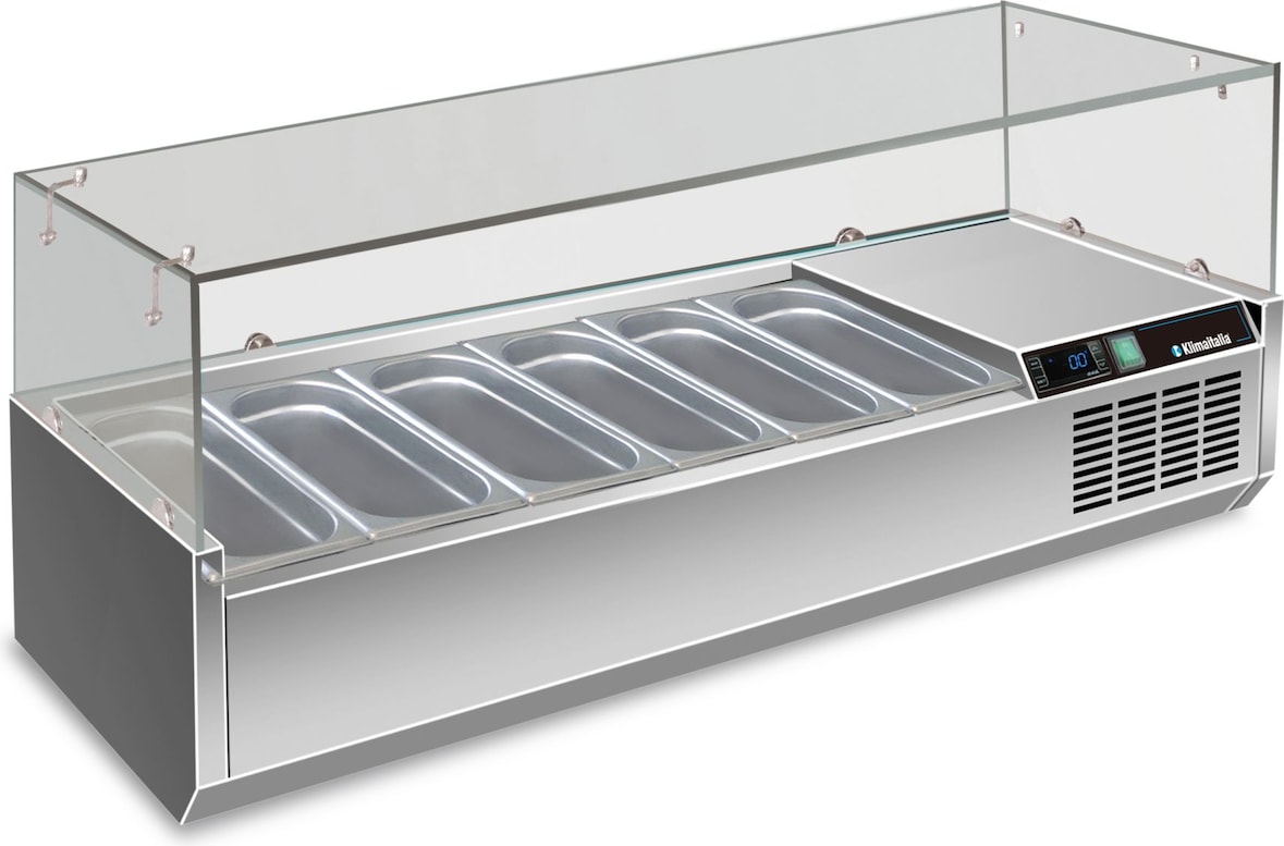 Edelstahl-Kühlvitrine für 6 GN1/3. Temperatur +2°C/+8°C. Elektronischer Thermostat. Maße BxTxH 150x39,5x43,5 cm. RWX1502