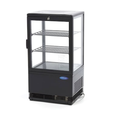 Maxima - 9400801 Vitrina refrigerada 58L negra con ventilador, LED, doble vidrio en 4 lados, cerradura, termorregulador digital 42.8x38.6x81 cm