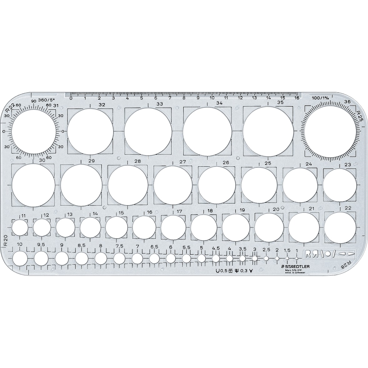 Kreisschablone 1-36mm transparent Packung mit 10 Stück