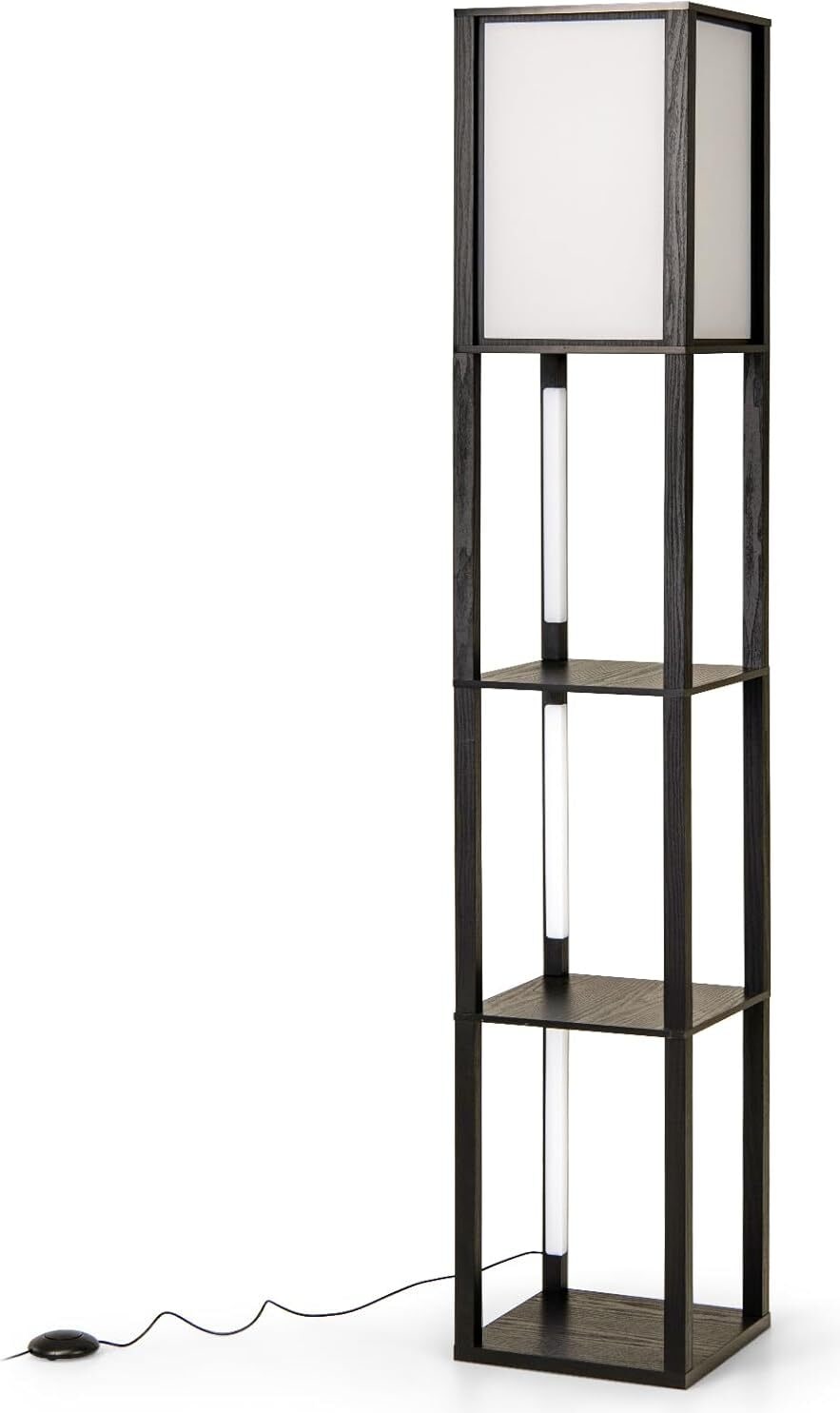 COSTWAY Stehleuchte mit Regalen, Holzregal Lampe mit 3-stufig einstellbarem LED-Streifen und Fußschalter, Stehlampe