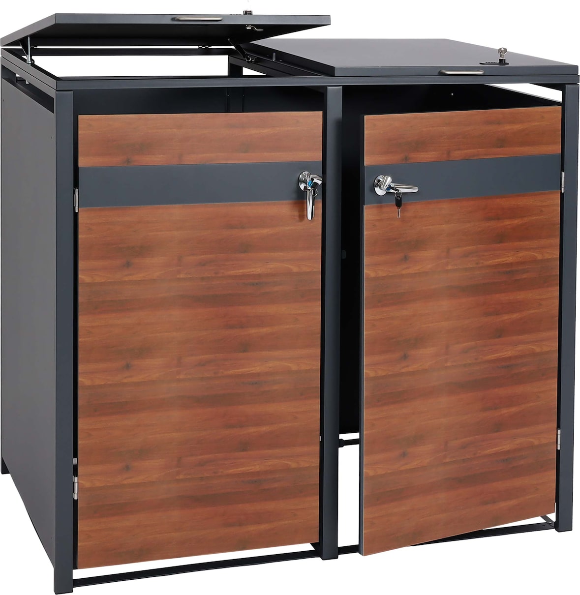2er Mülltonnenverkleidung HWC-J82, Mülltonnenbox, erweiterbar, Metall 50kg, anthrazit ~ Kirsche-Holzoptik dunkelbraun