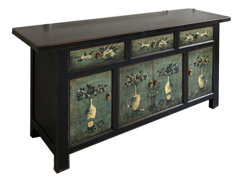 OPIUM OUTLET Möbel Kommode Schrank Sideboard Hochzeitsschrank 34372-6 schwarz-grün asiatisch chinesisch orientalisch Holz