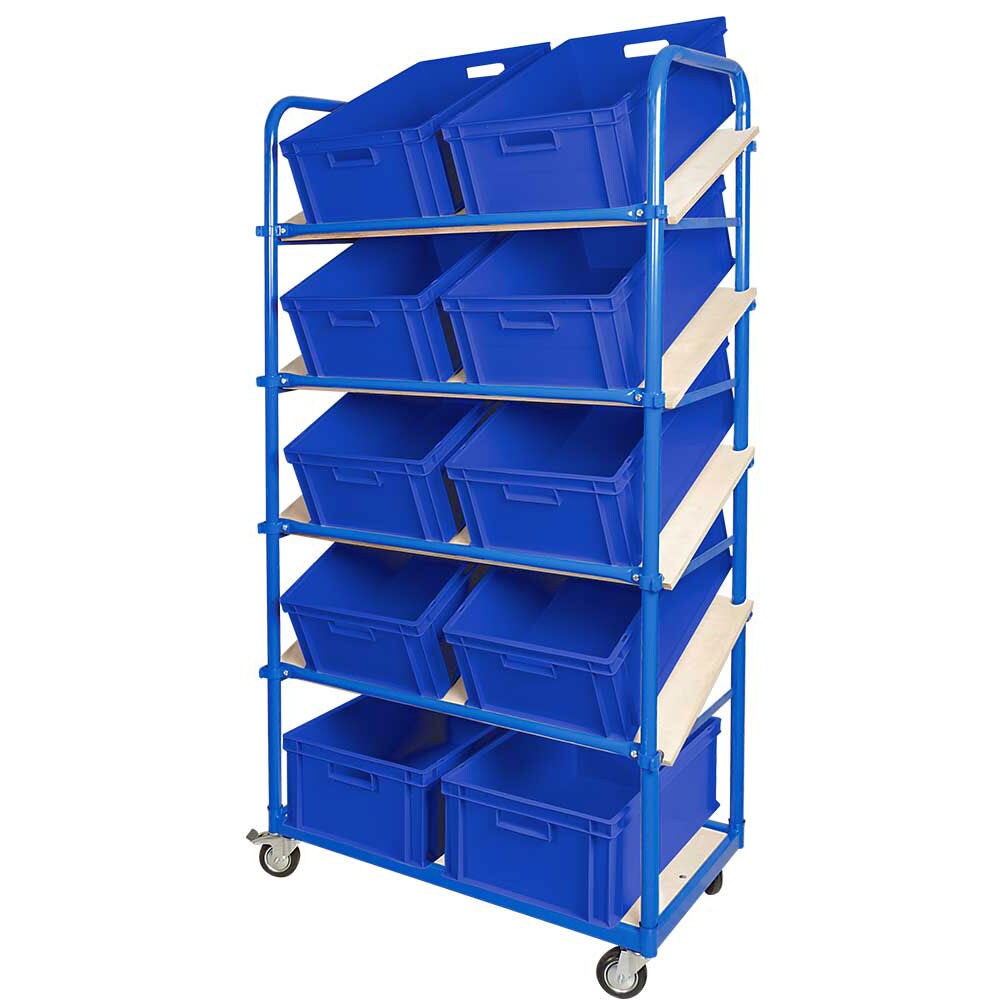 Schrägboden-Regalwagen mit 5 Ebenen, BxTxH 1050x500x1880 mm, 4 Lenkrollen, 2 Rollen mit Feststellbremse mit 10 Euroboxen BxTxH 600x400x220 mm