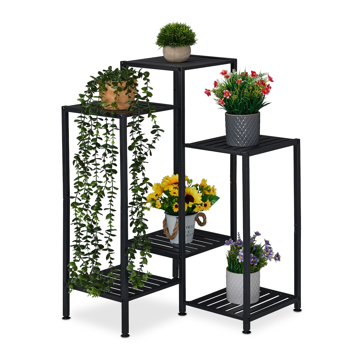 Relaxdays Blumenregal aus Metall, 6 Ablagen für Blumen- & Pflanzentöpfe, Pflanzentreppe, HBT: 81 x 55 x 55 cm, schwarz