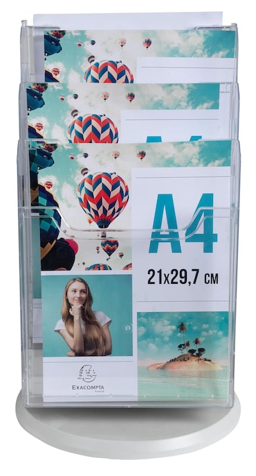 EXACOMPTA Portadepliant da tavolo girevole 6 scomparti per formato A4, cod. 60558D in polistirolo cristallo. Dimensioni (PxlxAlt) 31,5x31,5x46,5 cm