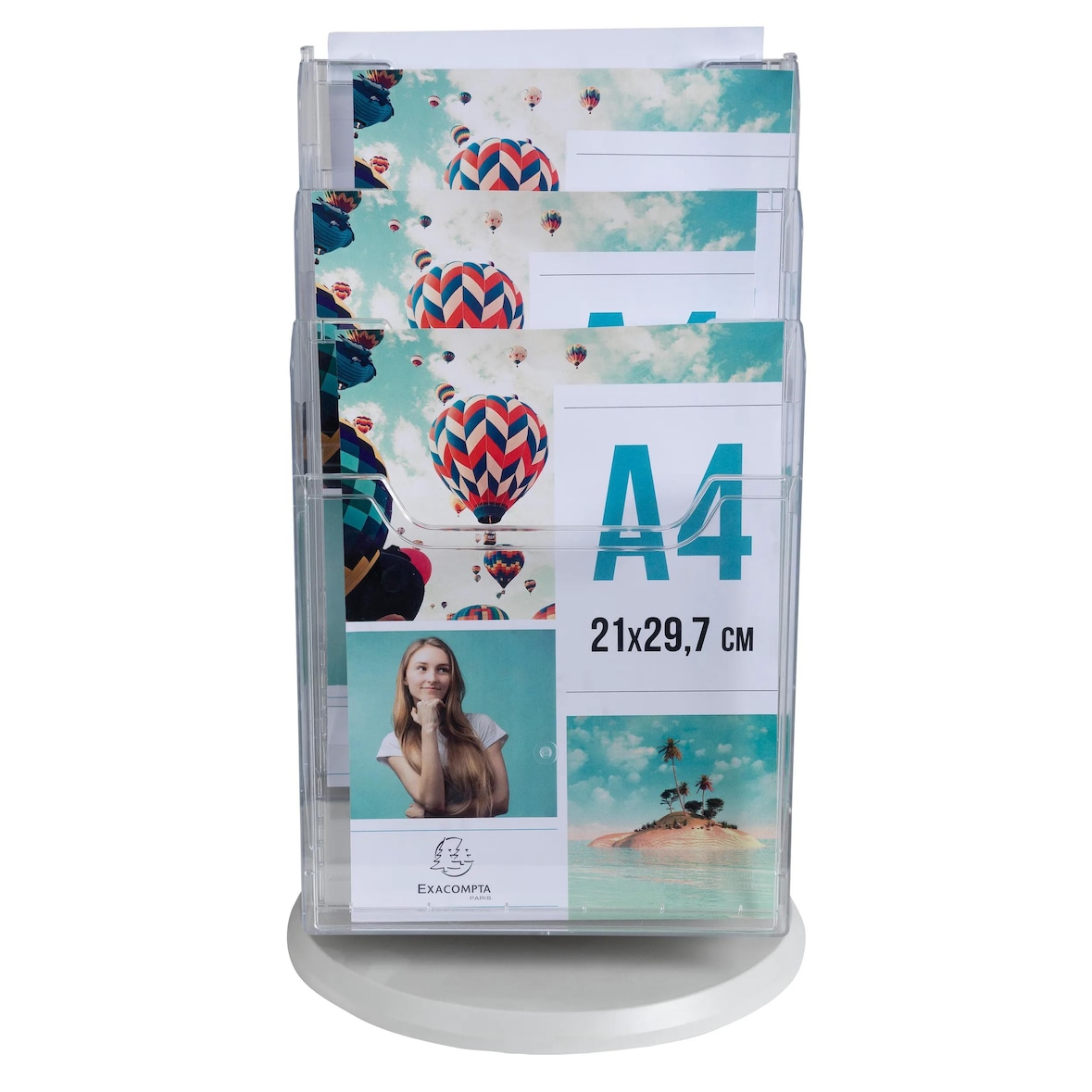 EXACOMPTA Portadepliant da tavolo girevole 6 scomparti per formato A4, cod. 60558D in polistirolo cristallo. Dimensioni (PxlxAlt) 31,5x31,5x46,5 cm