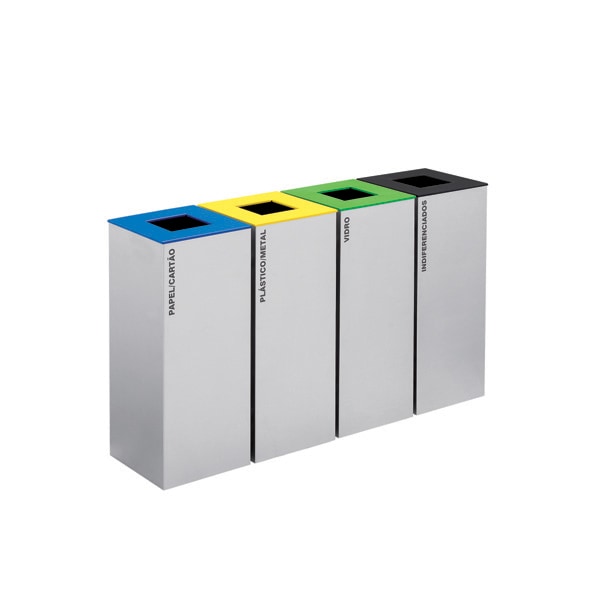 Papelera de reciclaje en bloque con 4 contenedores de reciclaje selectivo con tapa, fabricada en chapa de acero con pintura epoxi gris Officeplan