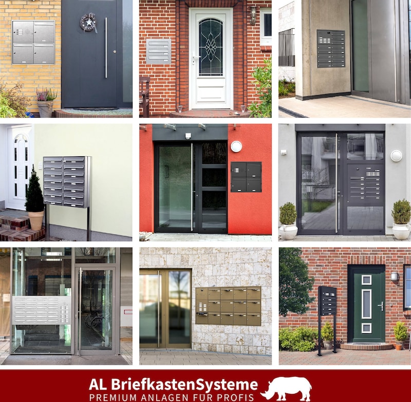 Mehrere Briefkastensysteme vor verschiedenen Türen.