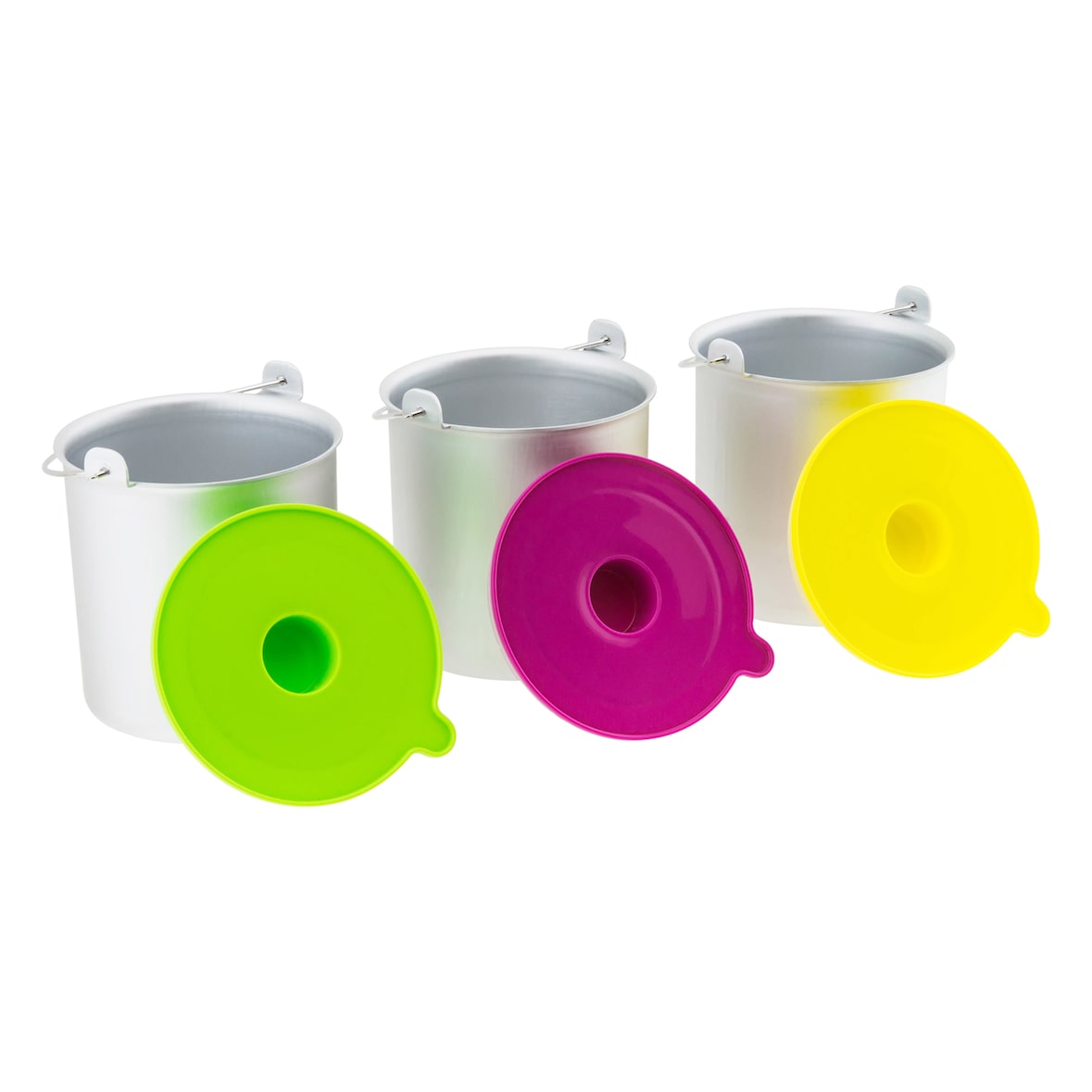 H.Koenig Eisbehälter BO318, passend für Eismaschine HF180 - 1 L - 3x Behälter in silber, Deckel in grün, pink und gelb