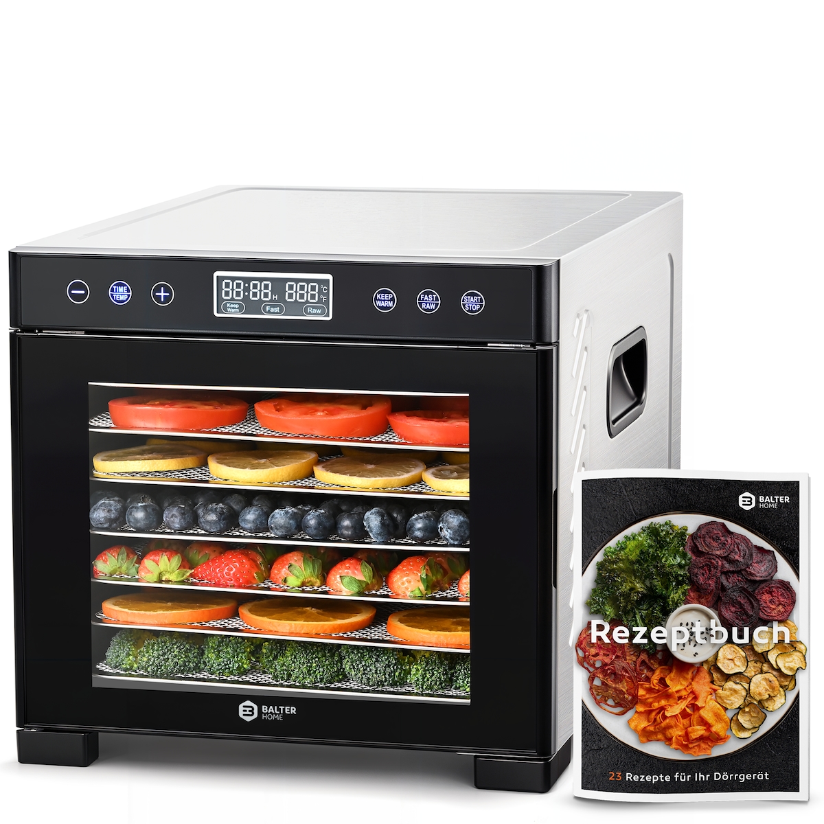 Balter Dörrautomat Edelstahl, Dörrgerät mit 7 Einlegefächern, BPA-frei, 600 W, 35°–75°C, Timer, Dehydrator, Obsttrockner, Rezeptbuch