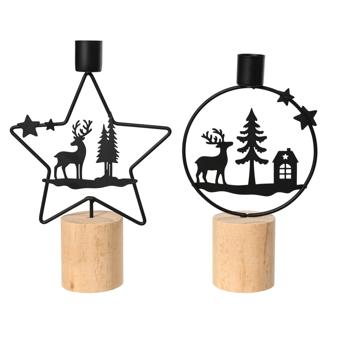 1 Kerzenhalter Metall 21cm - Kerzenständer mit Wintermotiv Deko Aufsteller Weihnachten Tischdeko Stabkerzenhalter Spitzkerzenhalter Winterdeko Schwarz