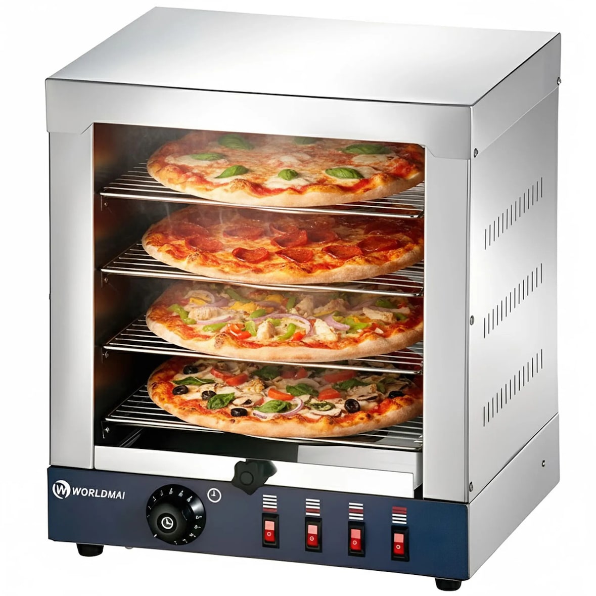 Horno paellero eléctrico industrial de 4 pisos WORLDMAI para paellas, pizzas y bocadillos. Horno tostador profesional INOX para hostelería.