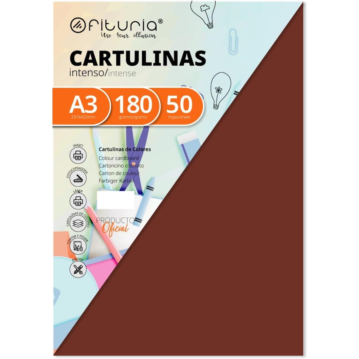 Pack 50 Cartulina A3 180g, Color Marrón para Manualidades, Diseños Creativos y Proyectos de Arte · Ofituria
