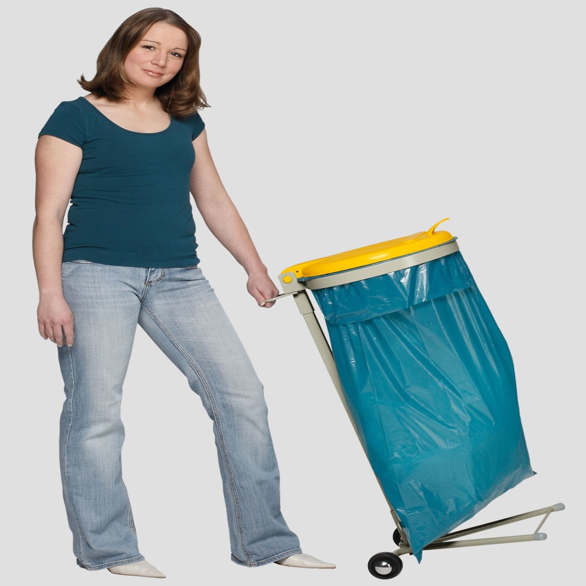 PROREGAL Robuster Abfallsammler für Wertstoffsortierung 1-Fach | Fahrbar, mit Rollen | 120 Liter, HxBxT 92x50x44cm | Stahl | Grau-Gelb | Mülleimer