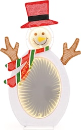 Ein beleuchteter Schneemann mit Hut und Schal.