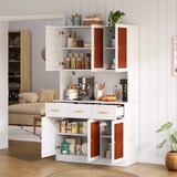 thumbnail of Buffetschrank 105x43x182 cm Weiß mit Stofffronten, Massivholzgriffen, LED-Beleuchtung, Steckdose & USB-Anschlüssen, großem Stauraum