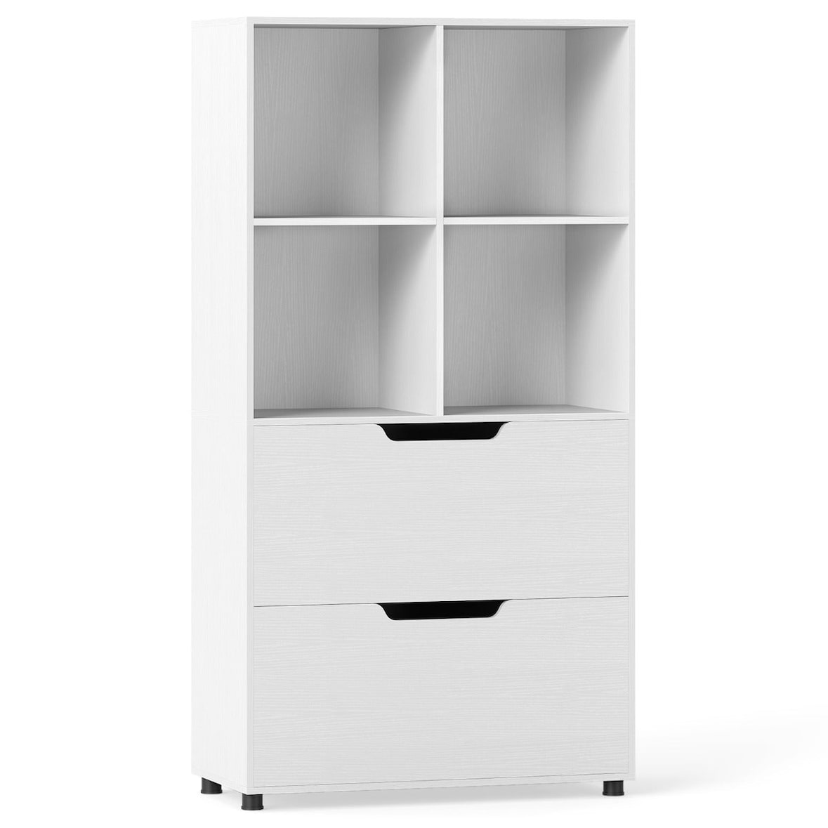 Helloshop26 - Estante com 4 compartimentos abertos e 2 gavetas grandes 70 x 33,5 x 130 cm estável estilo moderno madeira branca 20_0018287