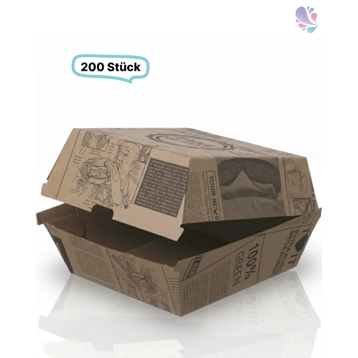Hamburger-Box Wellpappe, 200 Stück, to go, take away, Newspaper- Designe, recyclebar