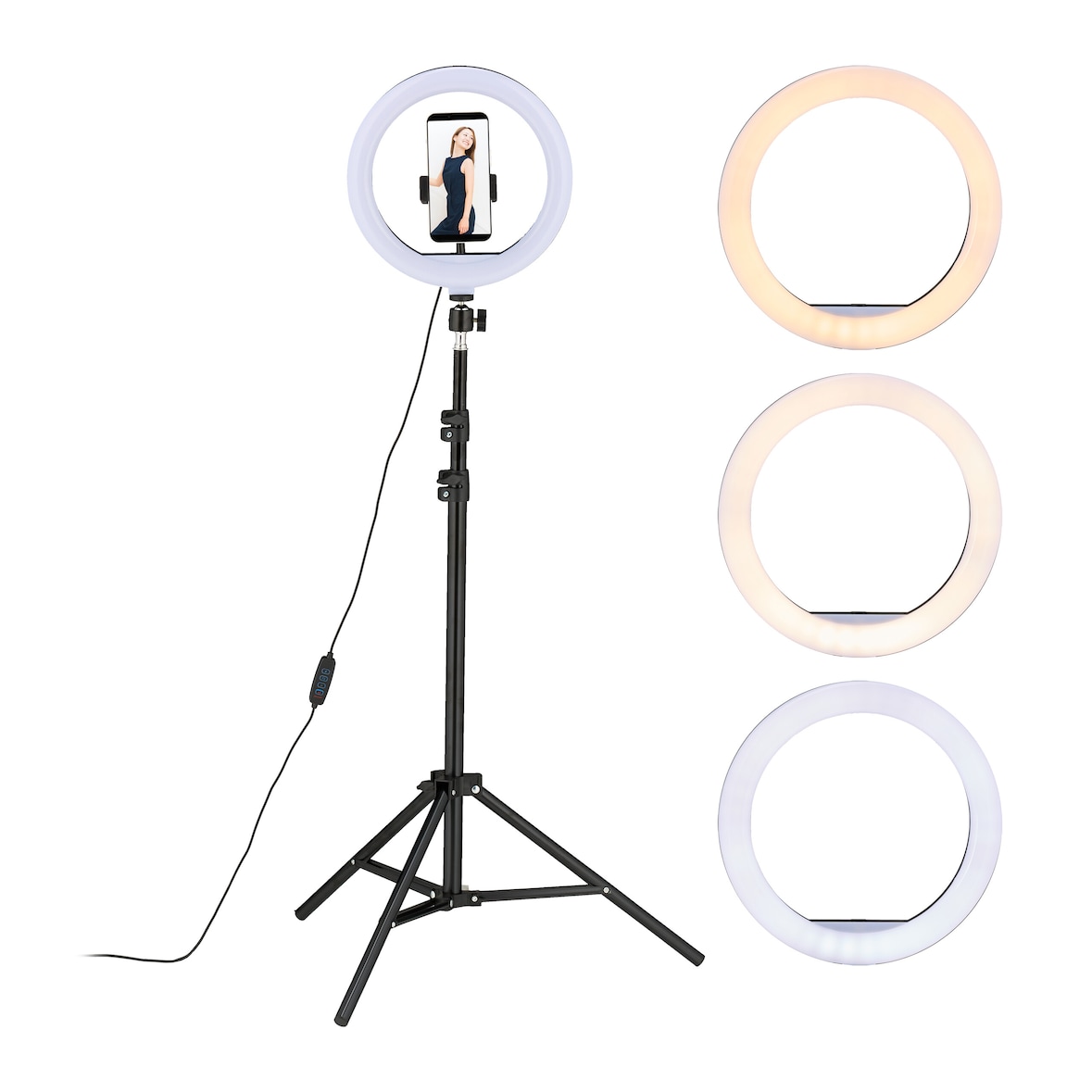 Relaxdays LED Ringlicht mit Stativ, 10" Ringleuchte dimmbar, Make-up, Fotografie & Videos, Lichtring Handy, weiß/schwarz